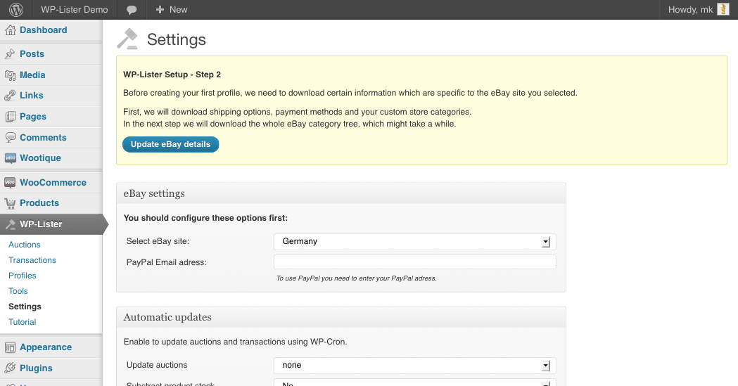 Installing WP-Lister - step 2 - update details